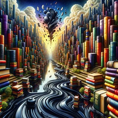 The primary subject of the image is a large collection of books, which are arranged in a visually striking manner. The books are stacked on top of each other, creating a sense of depth and complexity. The setting is a room filled with books, and the visual style is a digital art or illustration. The dominant colors in the image are black and white, giving the scene a classic and timeless feel. The overall atmosphere is one of intellectual curiosity and a love for reading.